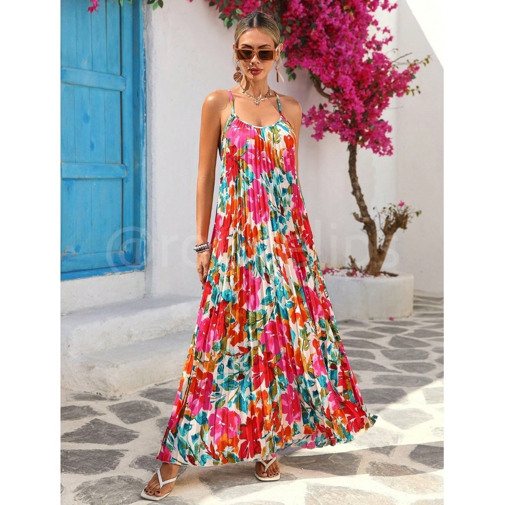 Bright Floral Multicolor Tropical Pleated Maxi Flared Dress - Picture 7 of 8